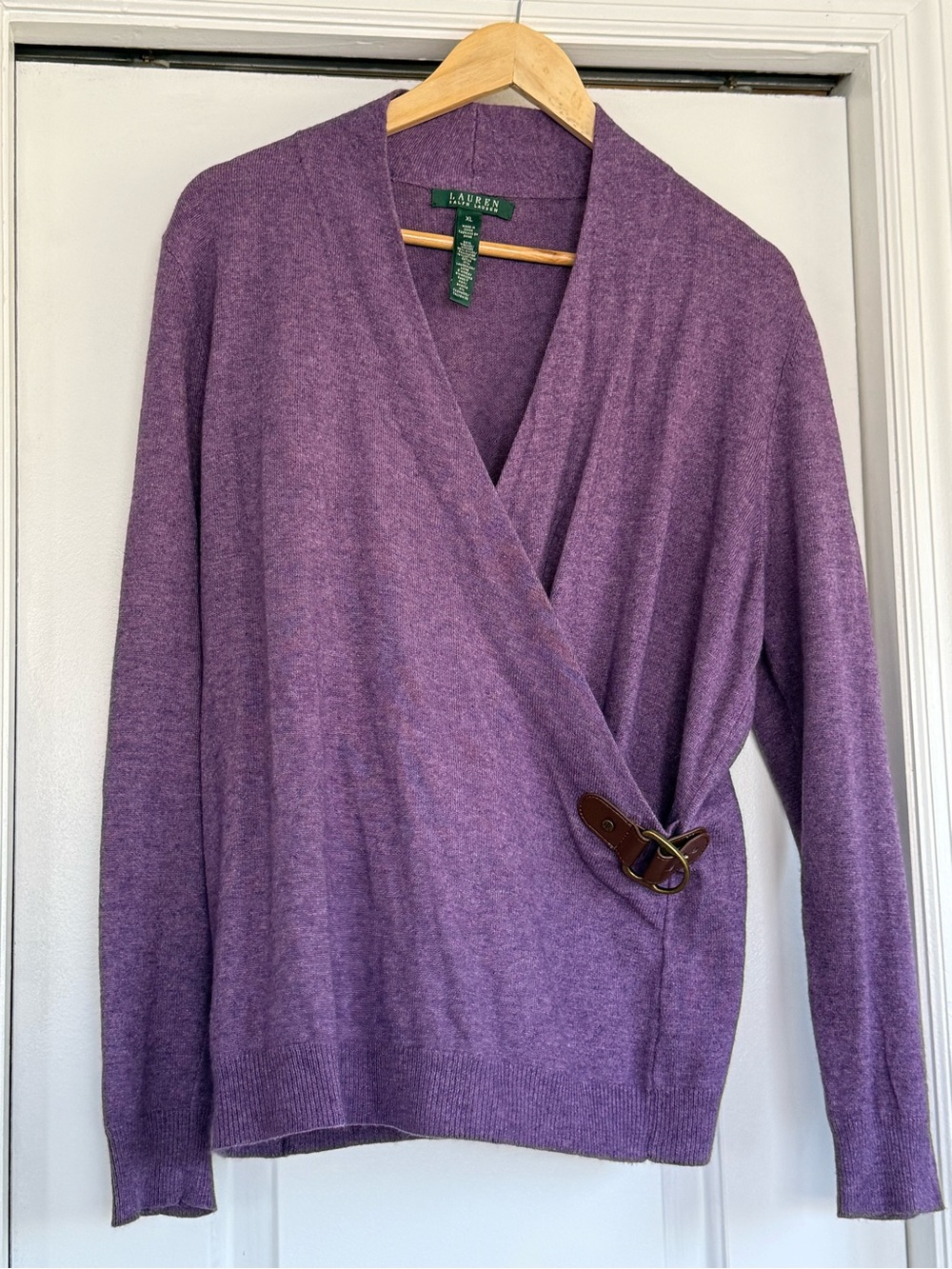 Ralph Lauren Purple V-Neck Wrap Sweater with Side Buckle -Cashmere style